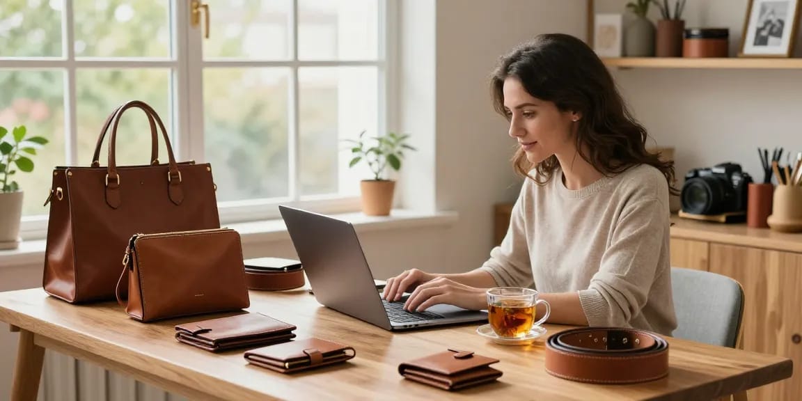 Woman enjoying a cozy online shopping experience for leather goods at home.
