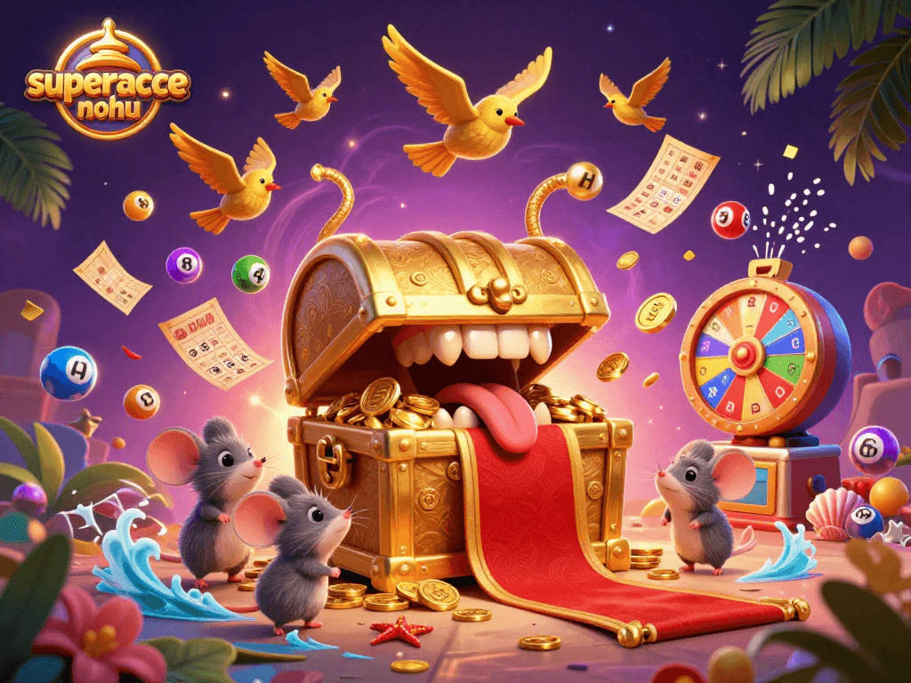 Engage with superace-nohu as colorful lottery balls bounce around a whimsical treasure chest scene.