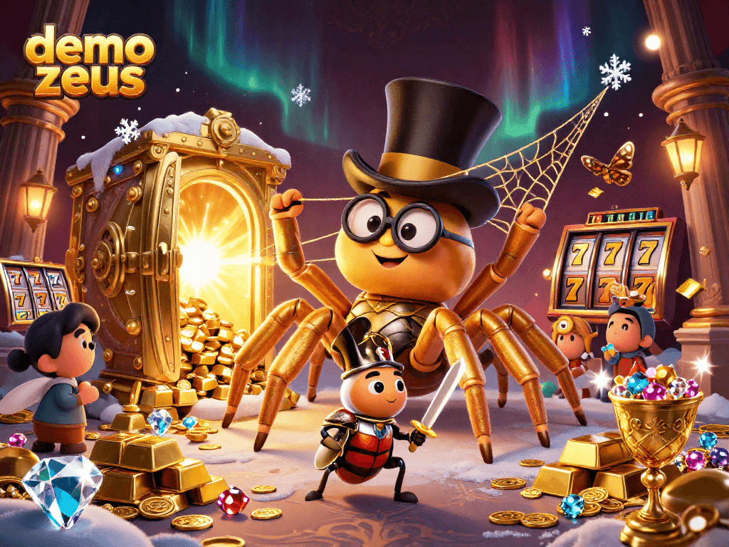 Demo zeus menampilkan ratu laba-laba emas dan ksatria kecil di kasino, dengan harta dan simbol slot.