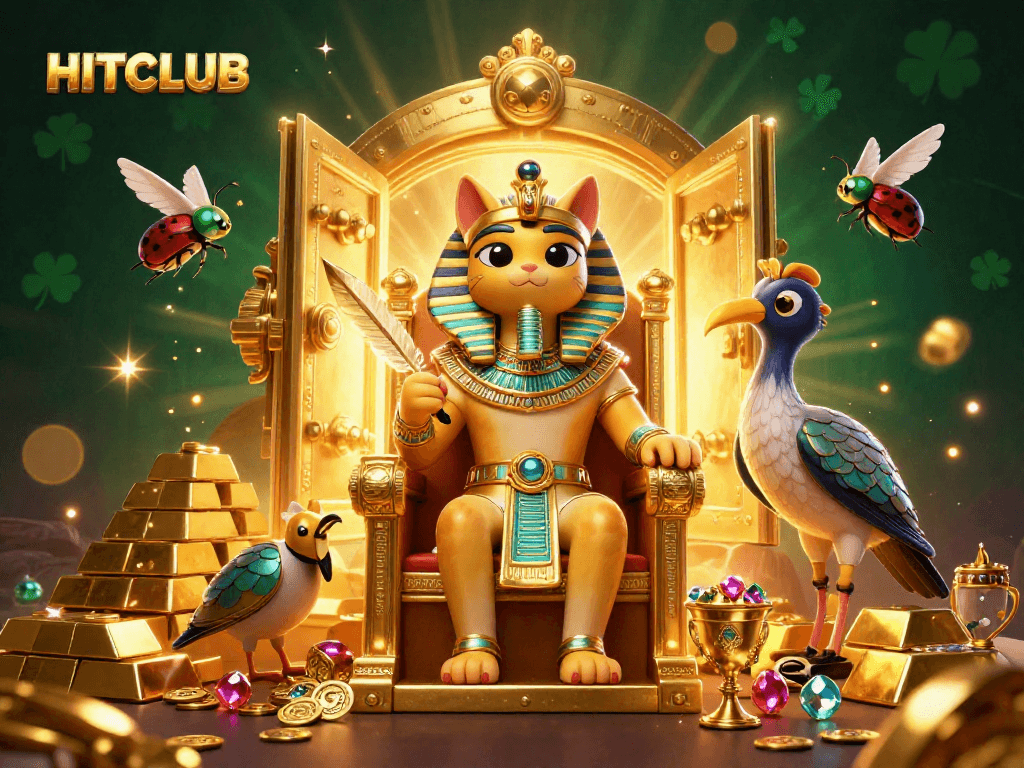 HITCLUB: Experience thrilling games in a vibrant 3D casino world with Egyptian pharaoh cat.