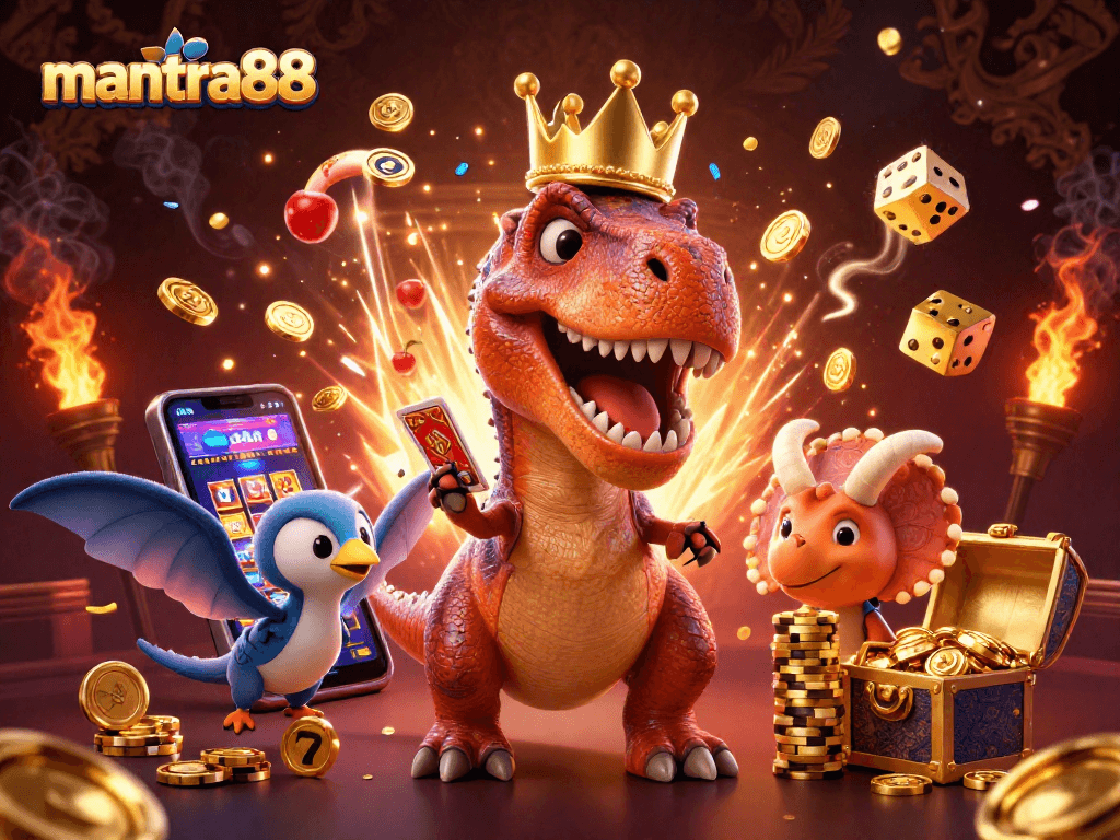 Play exciting games at mantra88 with a T-Rex dealing cards while a jackpot bursts around them.