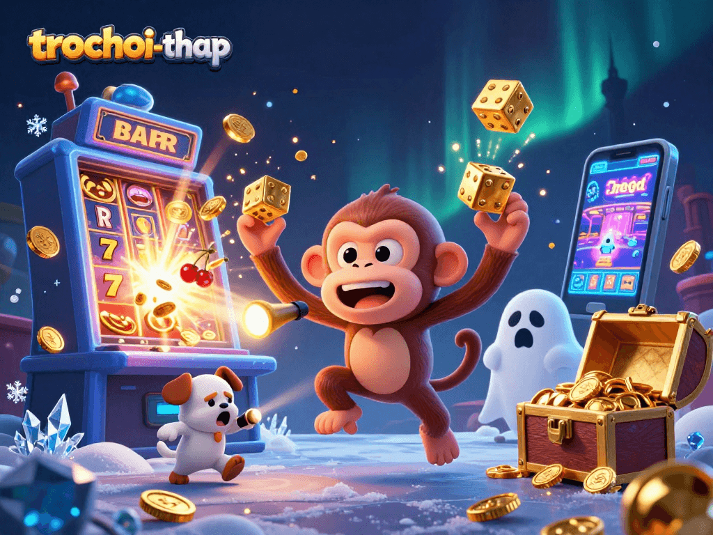 Engage in trochoi-thap as the playful poltergeist monkey juggles while the ghost-hunter puppy tracks it in a vibrant casino.