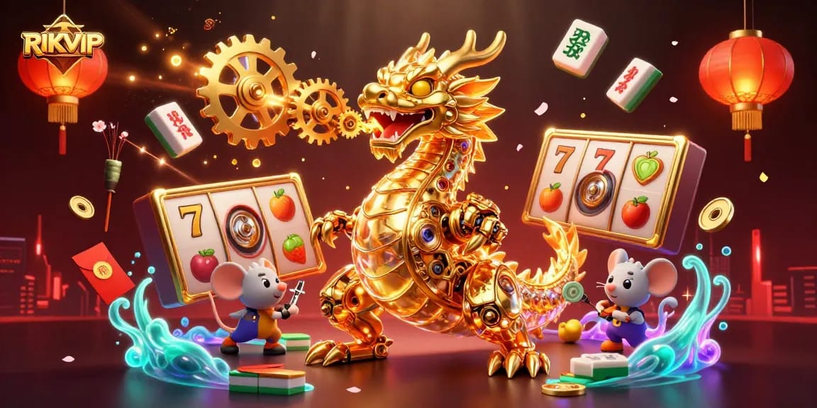 Experience thrilling slots and games at RIKVIP with a majestic golden dragon illustration.