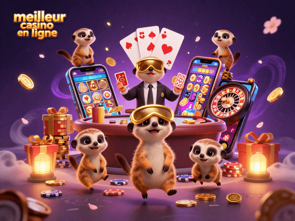 Visuel coloré illustrant le meilleur casino en ligne, mettant en vedette des suricates gérant des jeux de casino avec une ambiance dynamique.