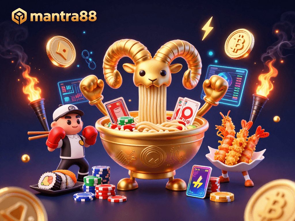 Experience the thrill of mantra88 as a giant ramen bowl deals cards and stacks chips in this vibrant casino scene.