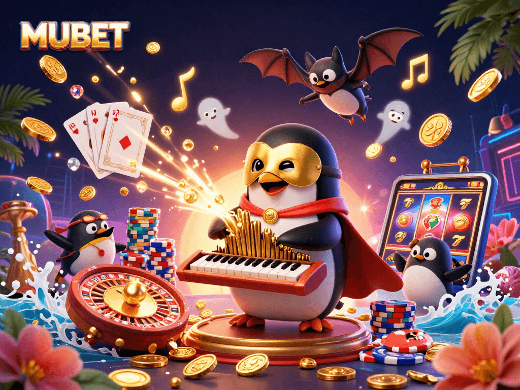 MUBET showcases an enchanting 3D casino scene with a penguin organist, golden coins, and vibrant slot elements.