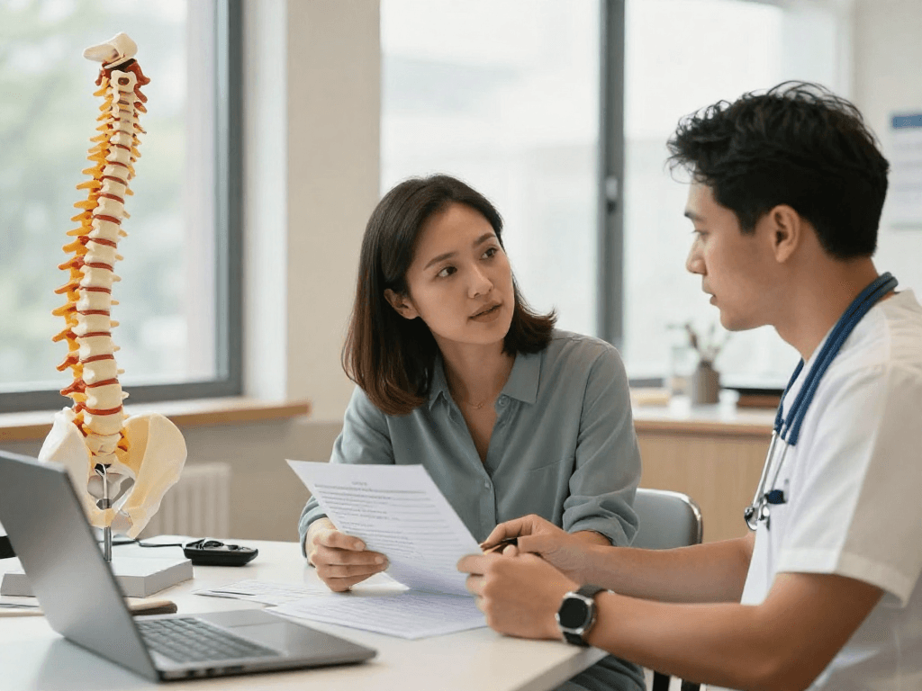 Bel kayması ameliyatı consultation with spine surgeon in a warm clinic setting.