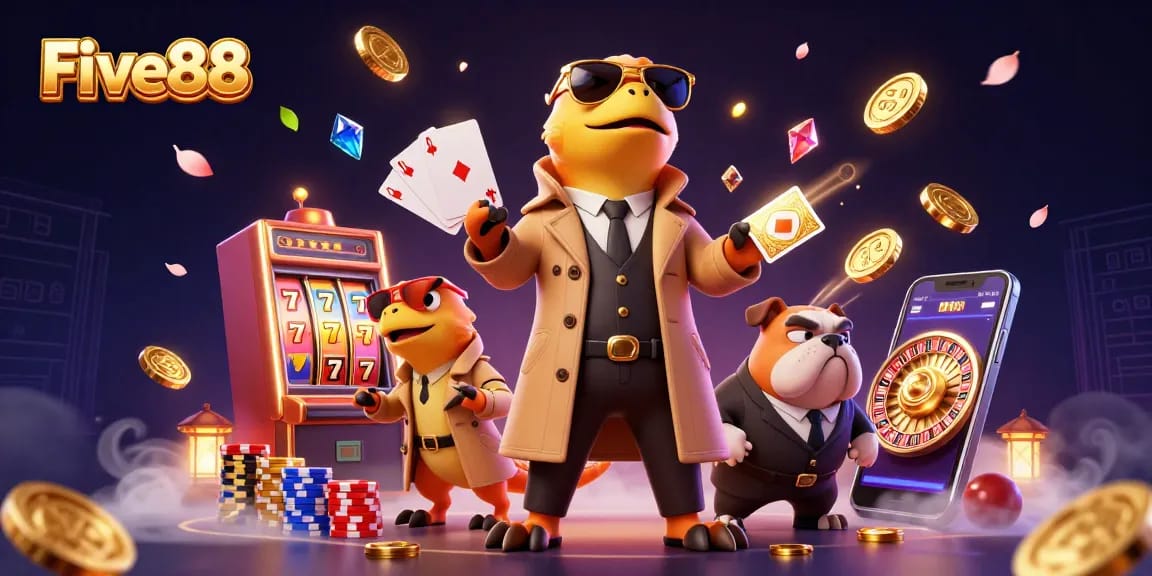 Five88 highlights the fun of winning at slots with three clever raptors in a trench coat inside a casino.