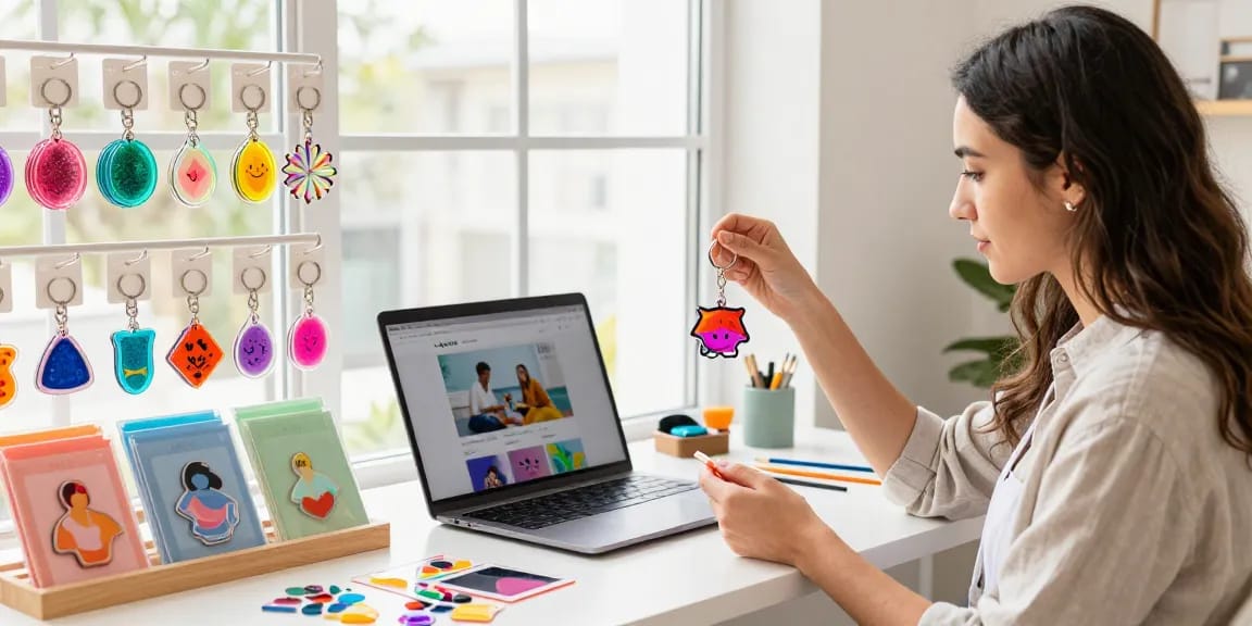 Explore a variety of personalised keychains in a vibrant e-commerce retail setting, showcasing custom designs and creativity.