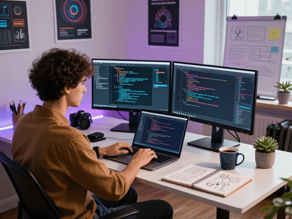 AI 18+ coding workspace with multiple monitors and creative elements, showcasing tech innovation.