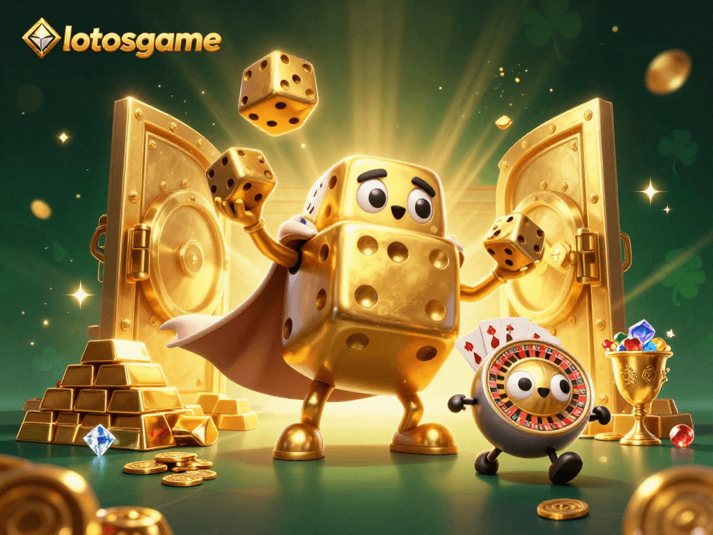 Engage with lotosgame's vibrant gaming scene featuring a golden dice golem juggling riches.