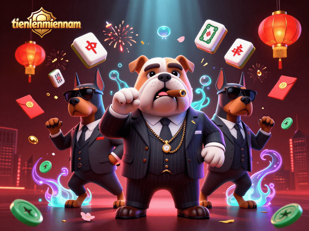 Engage in thrilling gameplay with tienlenmiennam featuring a mafia boss bulldog and Dobermans in an action-packed casino scene.