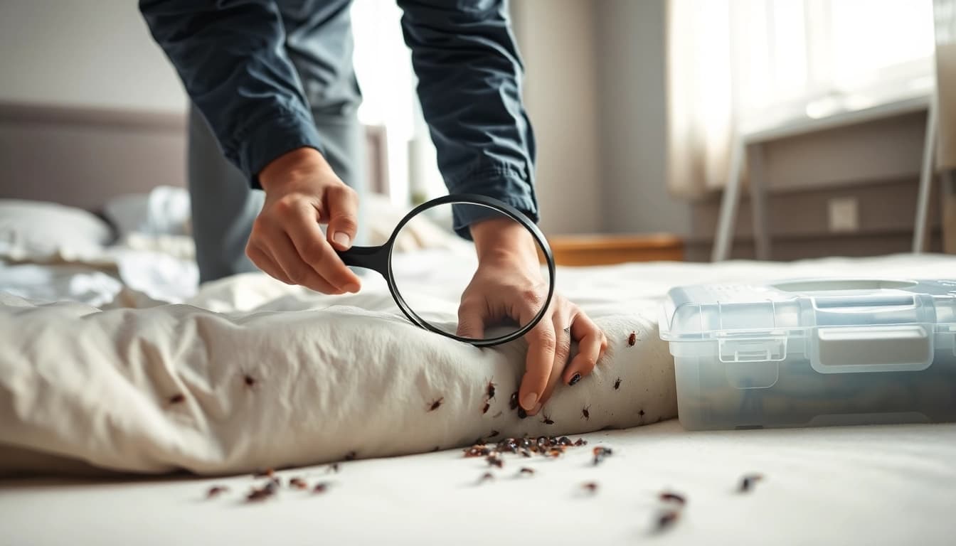 Efficient bed bug pest control by an expert examining a bedroom for signs of infestation.