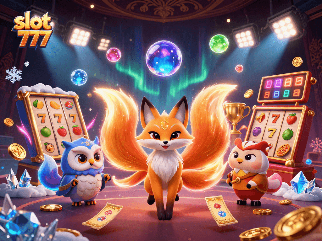 Experience the excitement of slot 777 gaming in a vibrant 3D illustration with dynamic characters and elements.