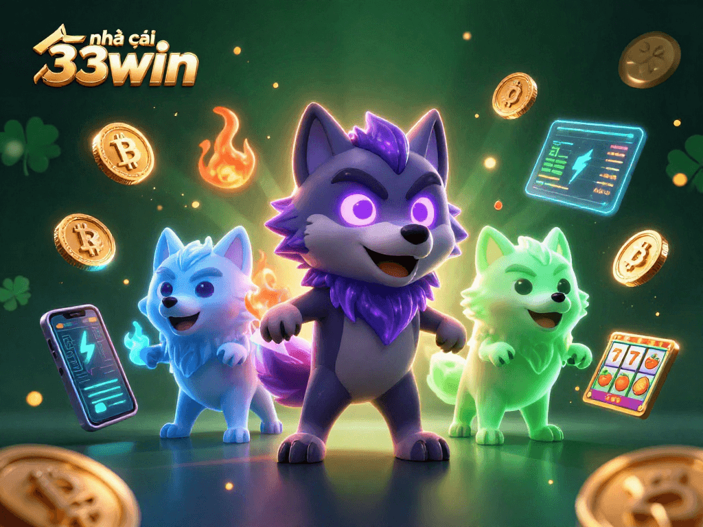 House with the glowing characters nhà cái 33win, symbolizing lively crypto gaming.