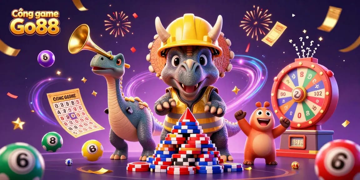 Cổng game Go88 features a triceratops and parasaurolophus celebrating amidst vibrant casino elements in 3D.