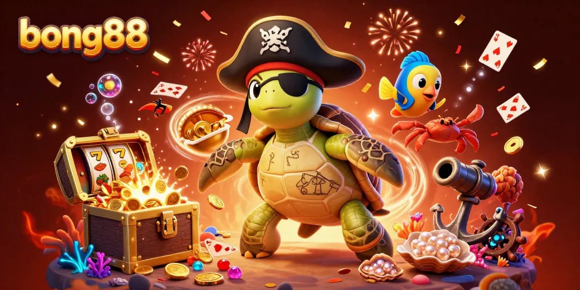Win big at bong88 with a pirate turtle and treasure in this vibrant slot game illustration.