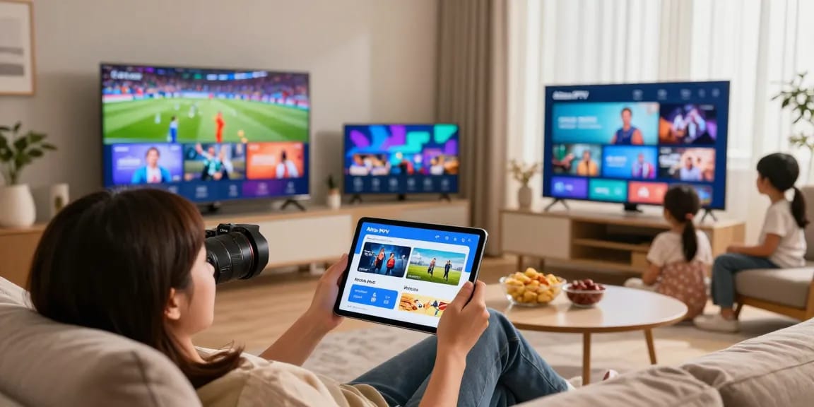 Enjoying Atlas Pro ONTV on tablet in a cozy living room with Smart TV.