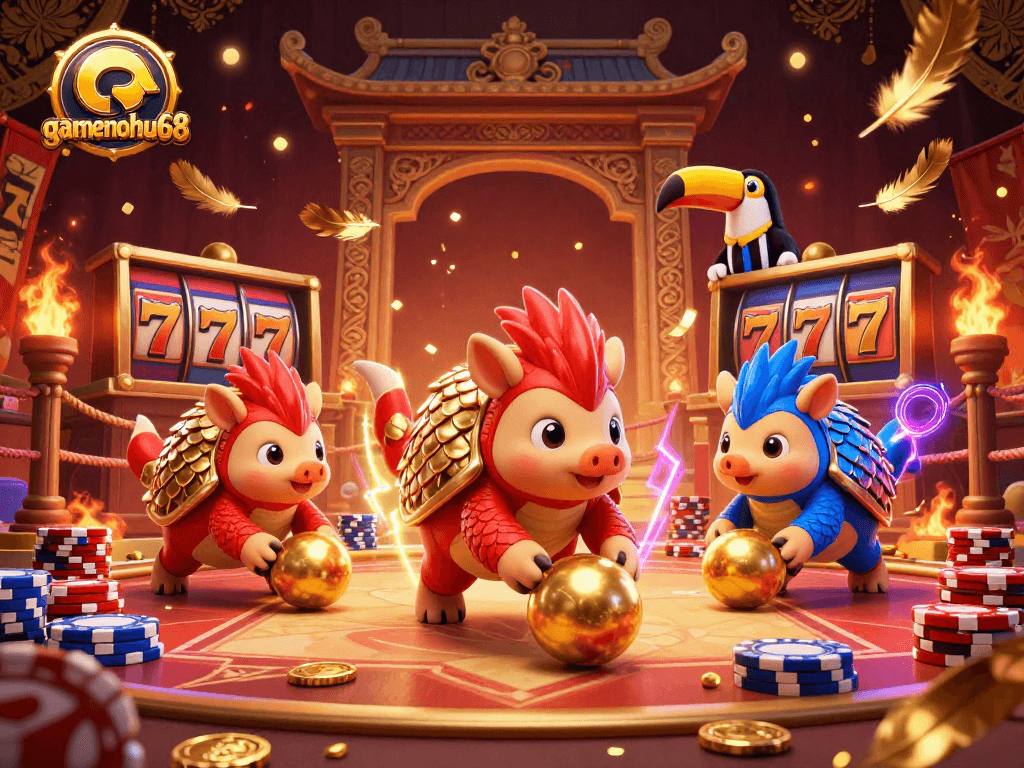 Enter the gamenohu68 casino realm with vibrant pangolins competing in a dynamic slot scene.