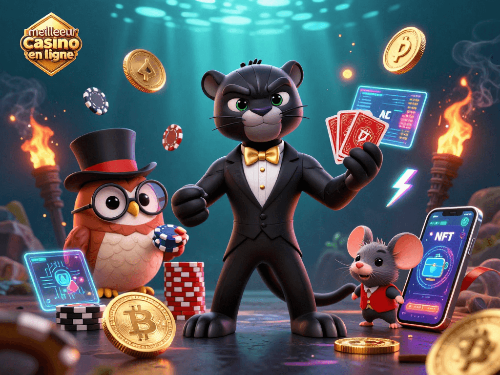 Découvrez le meilleur casino en ligne avec une illustration 3D mettant en avant une panthère élégante, une chouette et une souris chanceuse.