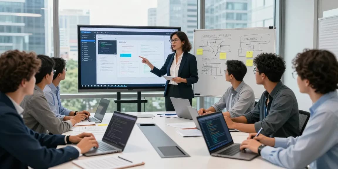 Build internal tools with AI in a collaborative workspace, showcasing team members engaging and presenting an internal tool prototype.