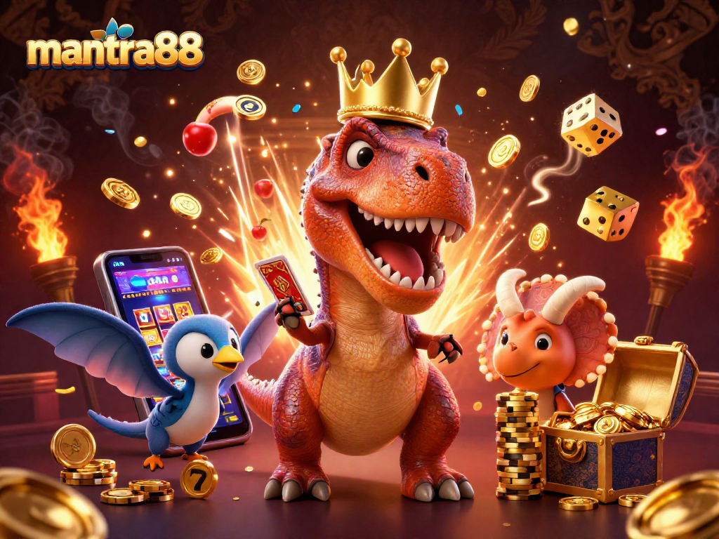 Play exciting games at mantra88 with a T-Rex dealing cards while a jackpot bursts around them.