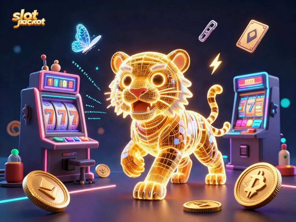 Experience the thrill of slot jackpot wins with vibrant neon illustrations of a 3D tiger in an energetic casino.