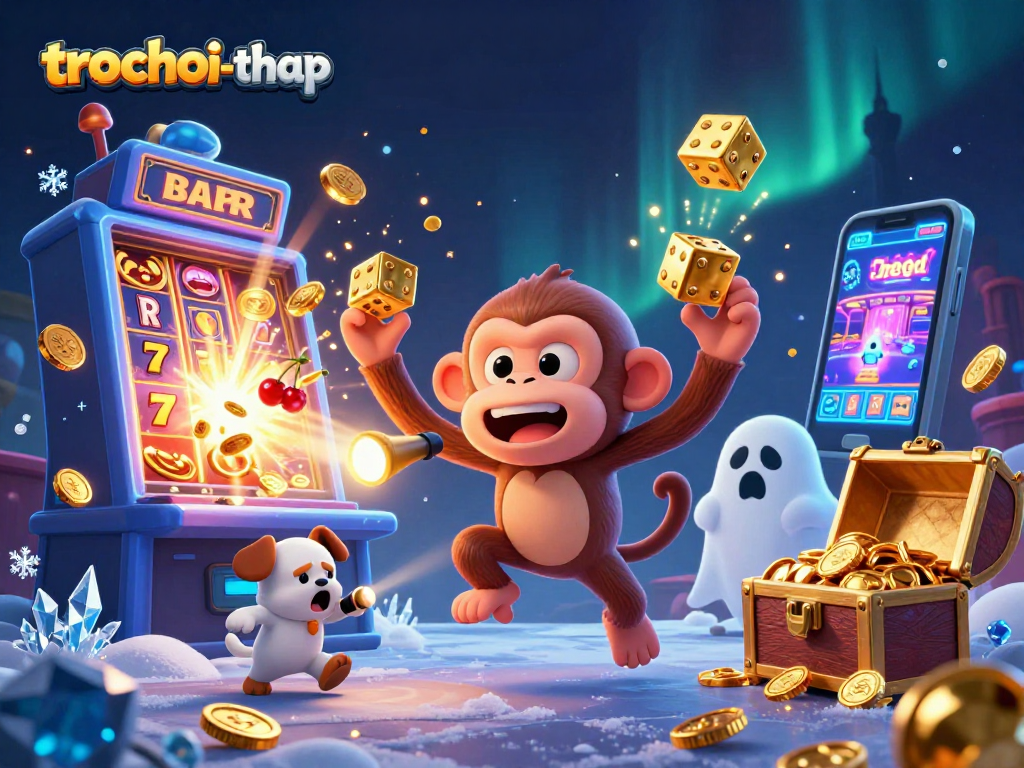Engage in trochoi-thap as the playful poltergeist monkey juggles while the ghost-hunter puppy tracks it in a vibrant casino.