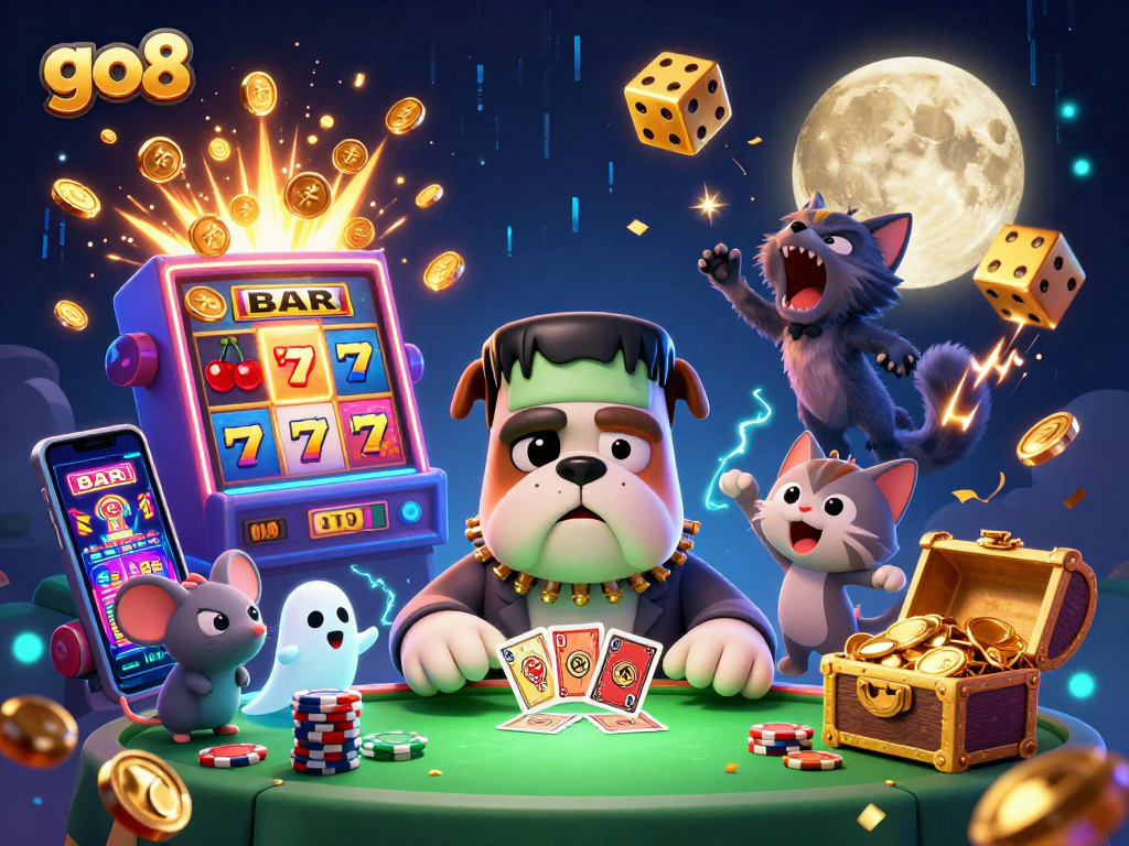 Experience thrilling action at go8 casino with a vibrant 3D scene of interactive characters and games.