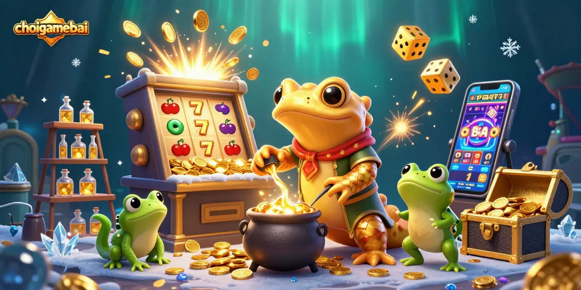 Spin to win at choigamebai with a vibrant illustration of alchemists and casino elements exploring magical treasures.