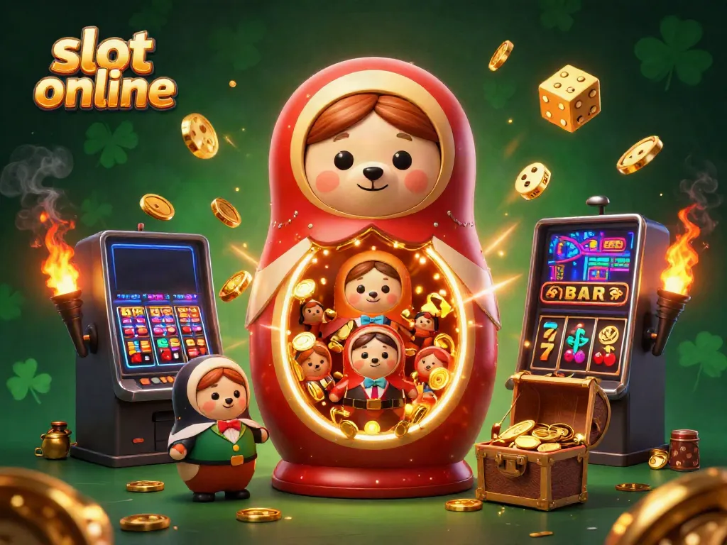 Experience the thrill of slot online games with a vibrant 3D casino illustration showcasing fun characters and jackpot symbols.