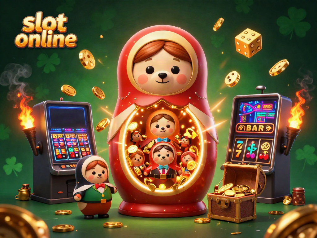Experience the thrill of slot online games with a vibrant 3D casino illustration showcasing fun characters and jackpot symbols.