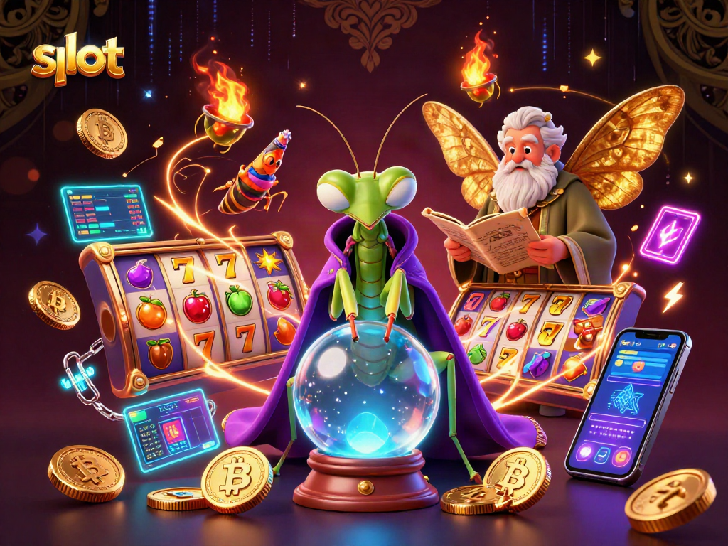 Engage with slot reels and mystical fortune tellers in this vibrant 3D casino illustration.