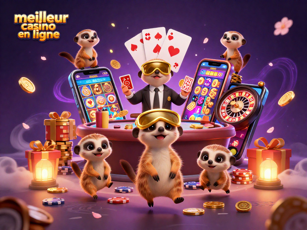 Visuel coloré illustrant le meilleur casino en ligne, mettant en vedette des suricates gérant des jeux de casino avec une ambiance dynamique.