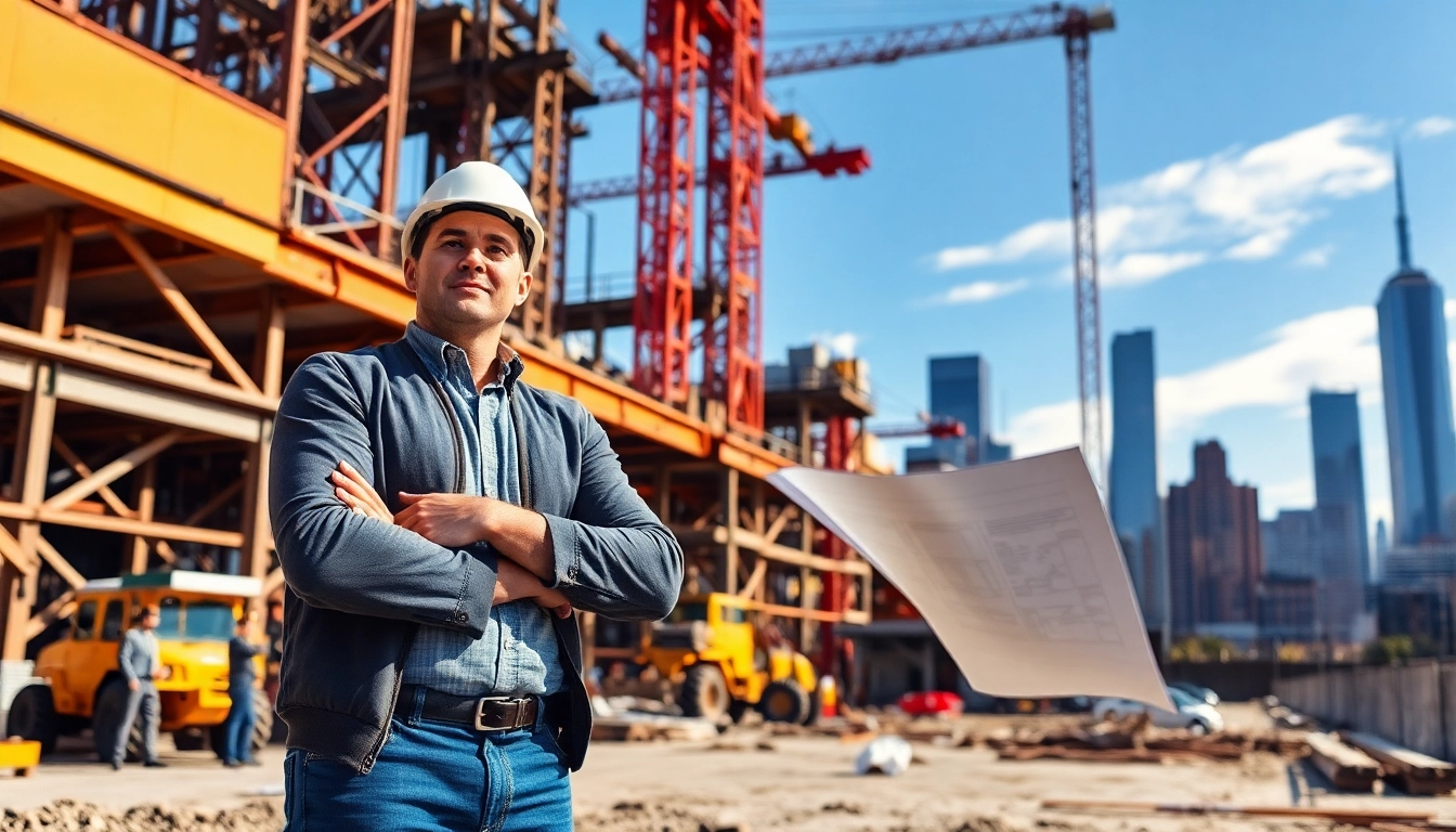 Manhattan Construction Manager leading a project with blueprints at a busy urban site.