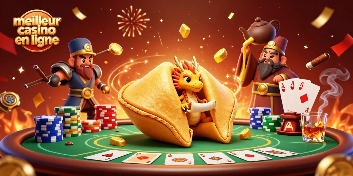 Illustration dynamique mettant en avant le meilleur casino en ligne avec des dragons, des jetons et des cartes de poker.