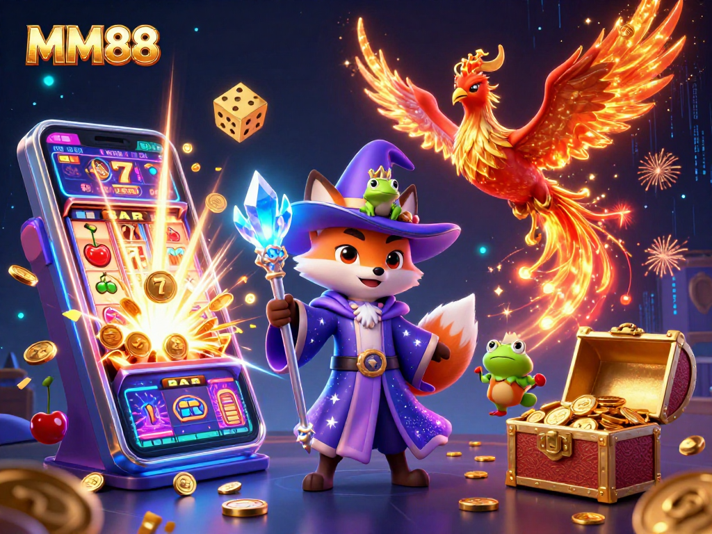 Experience thrilling wins with MM88's online casino games featuring vibrant slot machines and magical characters.