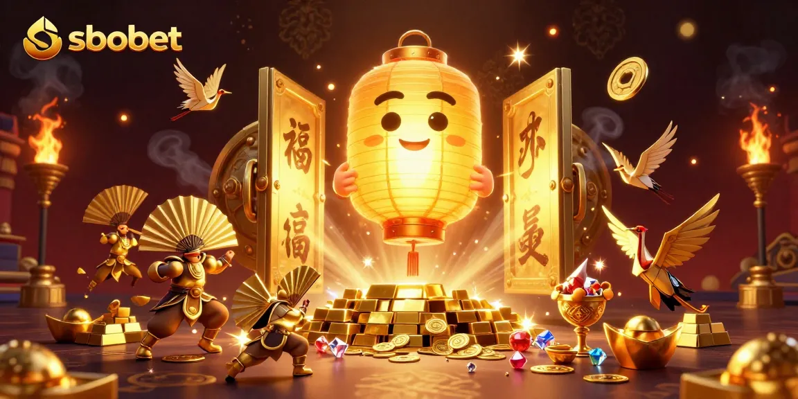 SBOBET offers thrilling online betting with a glowing lantern spirit above a vibrant casino scene.