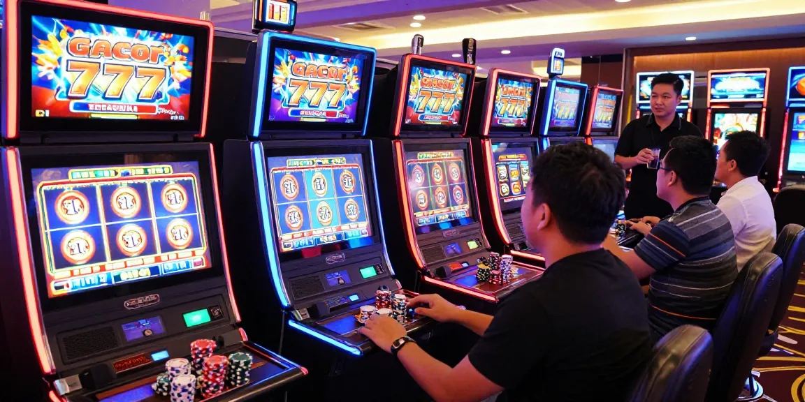 Players enjoying slot gacor 777 games in a vibrant casino atmosphere, showcasing excitement and engagement.
