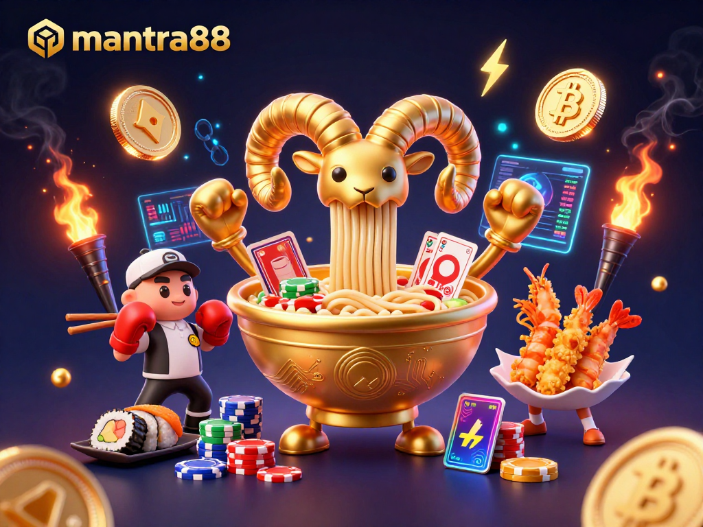 Experience the thrill of mantra88 as a giant ramen bowl deals cards and stacks chips in this vibrant casino scene.