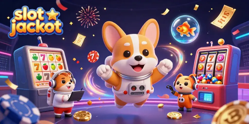 Gambarkan jackpot slot besar dengan karakter kartun astronaut corgi, hamster, dan ikan dalam kasino luar angkasa.