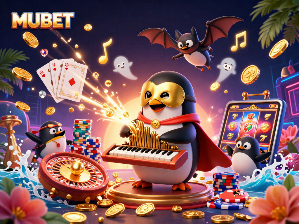 MUBET showcases an enchanting 3D casino scene with a penguin organist, golden coins, and vibrant slot elements.