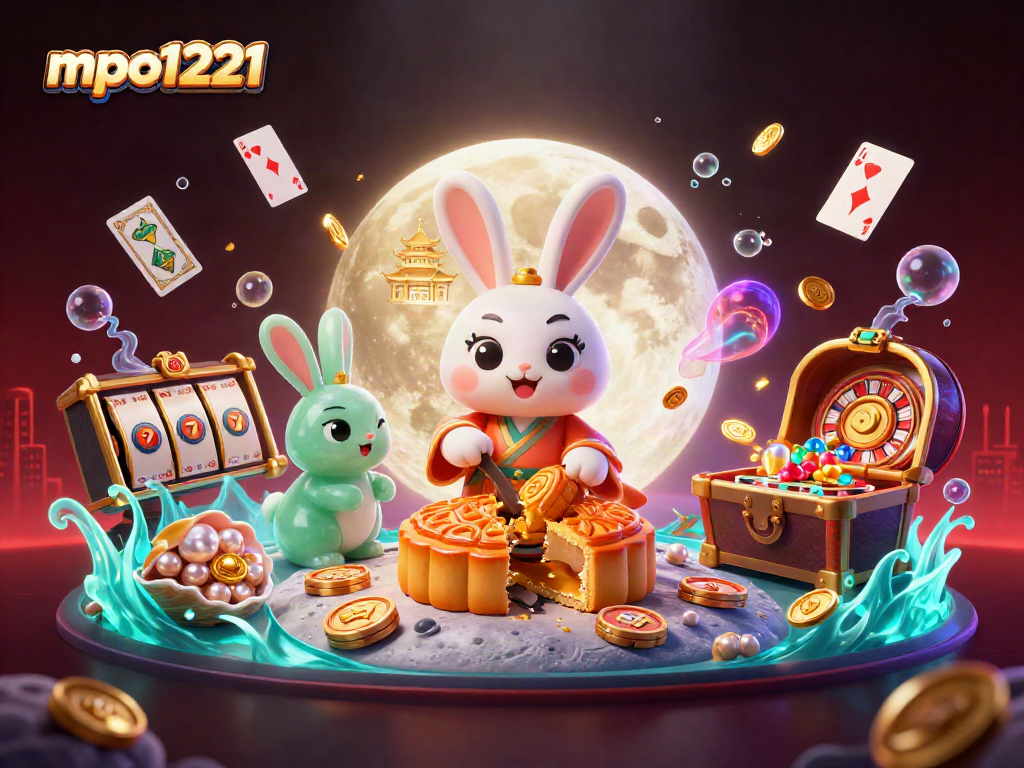 Experience the magic of mpo1221 with a captivating illustration showing a moon rabbit revealing poker chips.