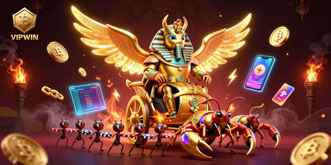 Bet on VIPWIN with engaging gameplay featuring a mythical chariot led by scorpions amidst digital coins.