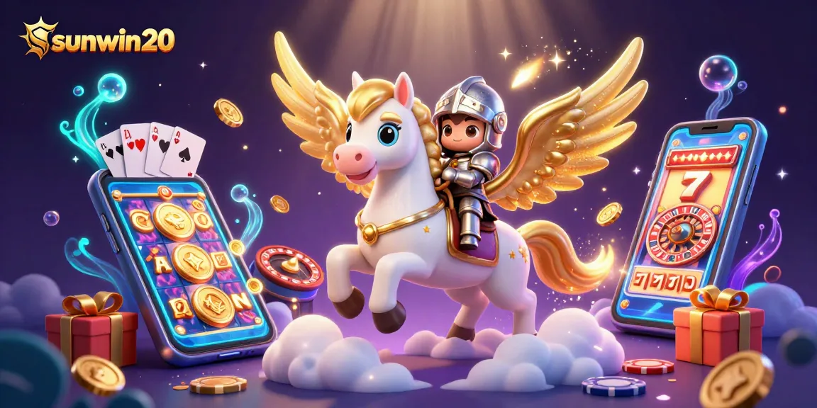 Experience the excitement of sunwin20 with golden coins, slot games, and a celestial horse in action.