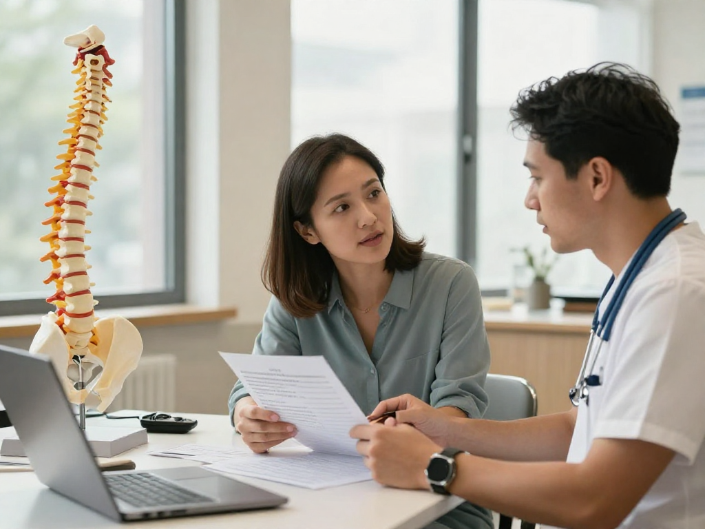 Bel kayması ameliyatı consultation with spine surgeon in a warm clinic setting.