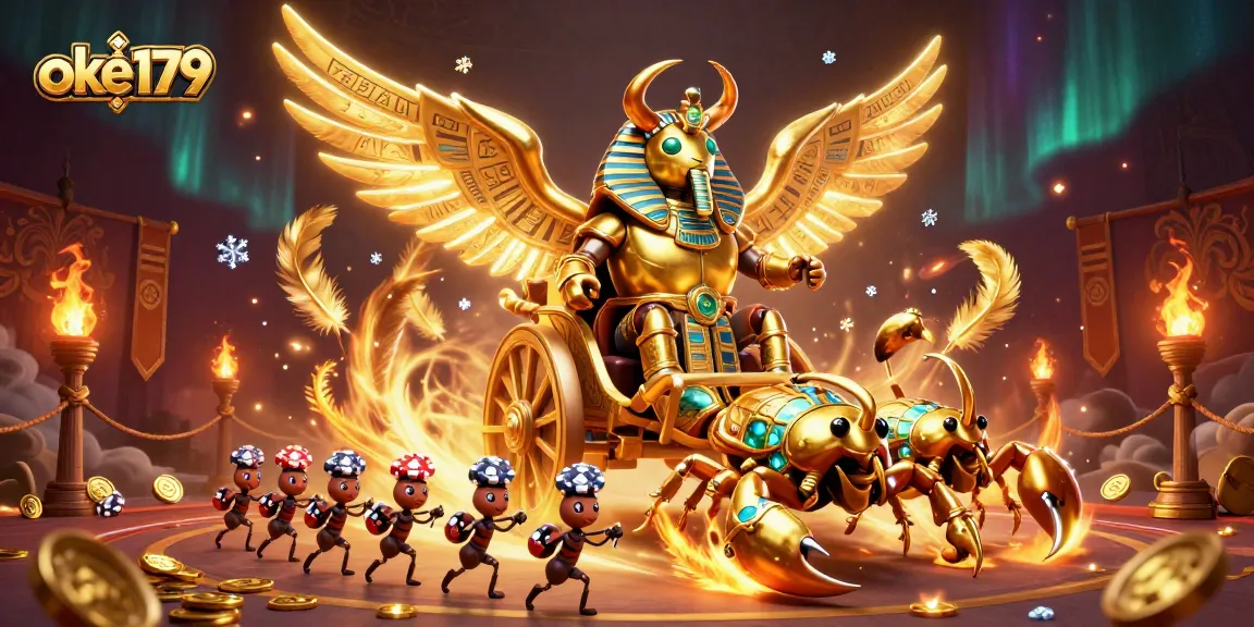 Experience thrilling action at oke179 with a colossal scarab beetle in a dynamic chariot scene.