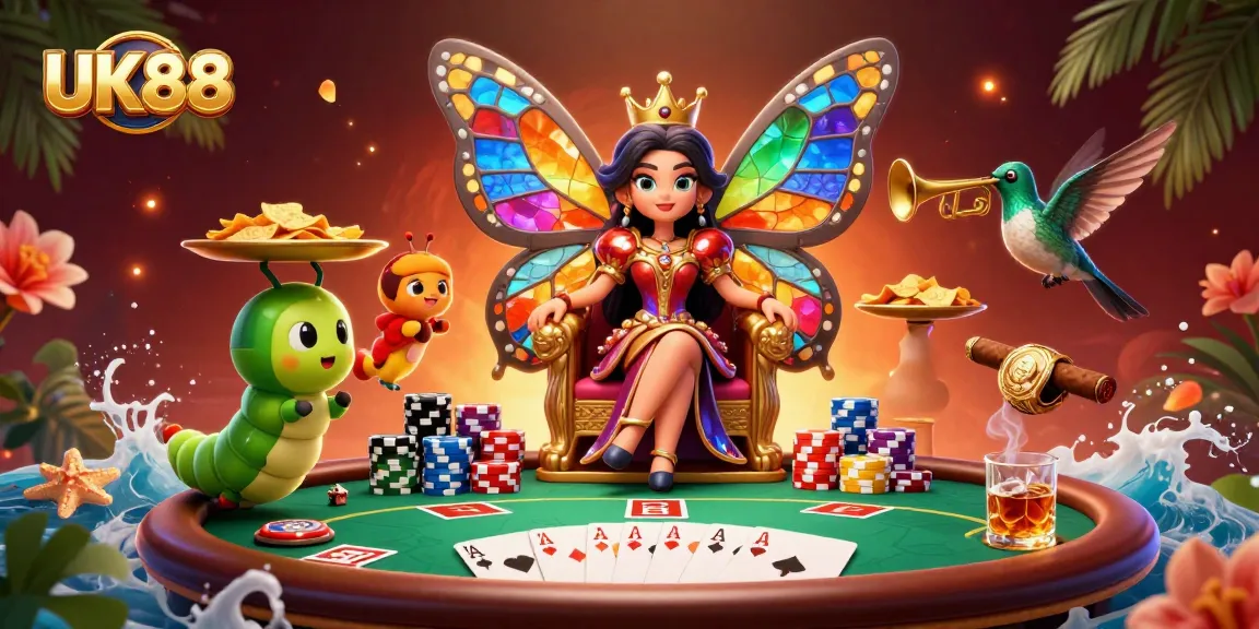 Engage with UK88's vibrant poker scene featuring a butterfly queen and colorful casino elements.