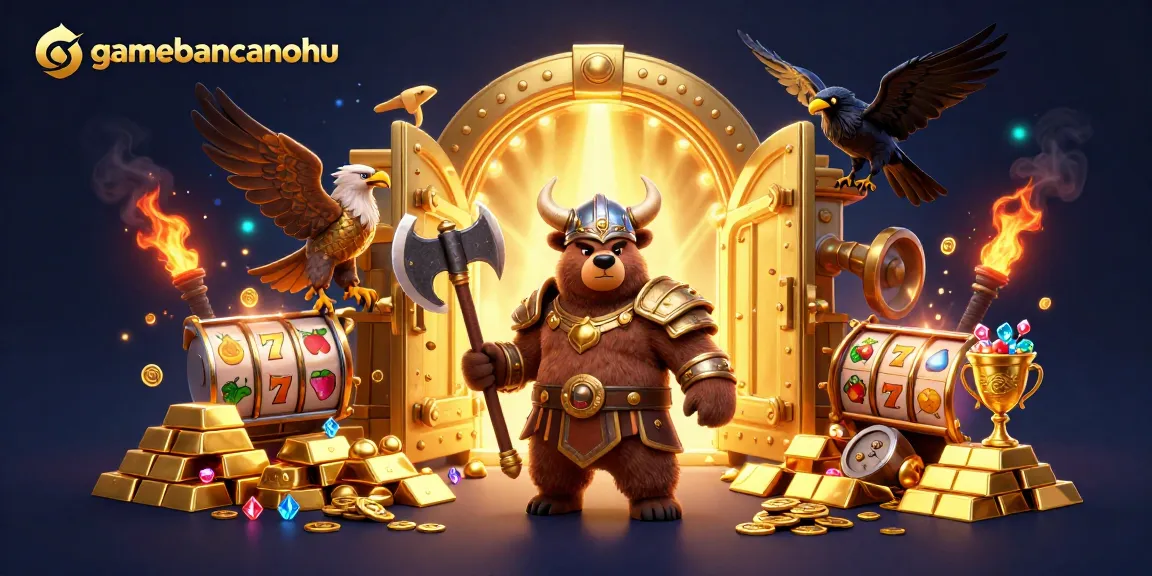 Experience adventure with gamebancanohu featuring a Viking bear and Valkyrie eagle amidst treasures and slot reels.