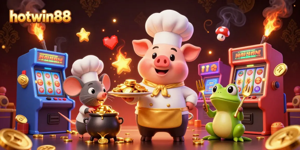 Experience thrilling gameplay with hotwin88's vibrant gaming atmosphere featuring a chef pig and lucky characters.